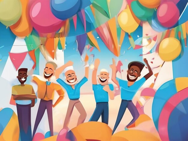 Illustration of a cartoon backdrop with smiling men in abstract celebration decoration