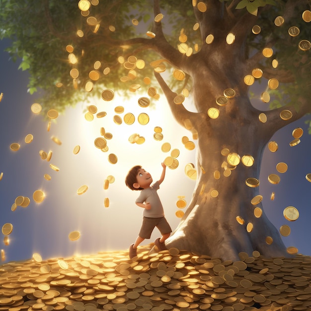 Illustration of a cartoon boy catching gold coins falling from the sky A pile of gold a money tree o