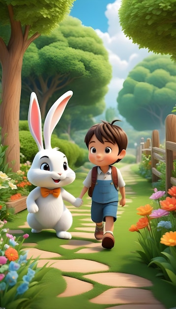 illustration cartoon boy and rabbit walking in garden generative ai