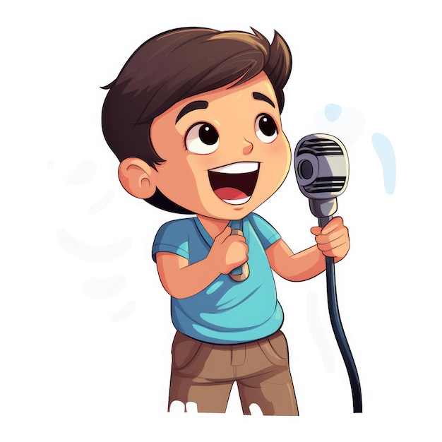 Illustration of Cartoon boy singing with microphone isolated on white background AI generated Image