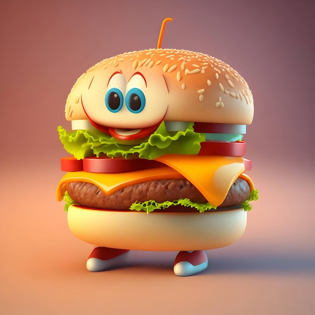 Illustration of a cartoon burger with emotion Generative AI