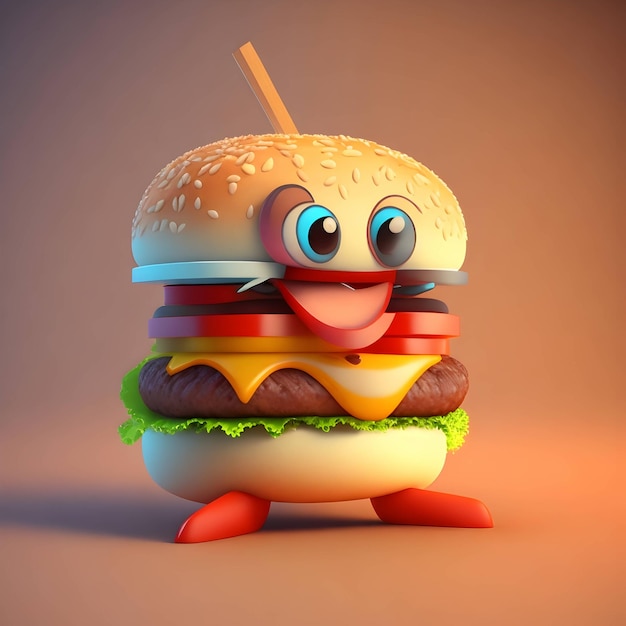 Illustration of a cartoon burger with emotion Generative AI