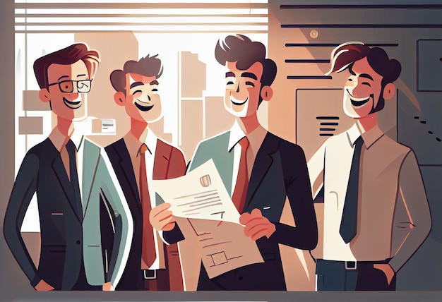 Illustration cartoon businessman holding papers hands and smiling Generate Ai