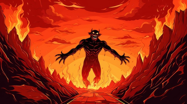 Photo illustration of cartoon devil on fire