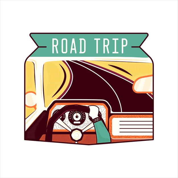 Photo illustration of cartoon driver traveling by car and inscription road trip on white isolated background