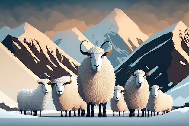 illustration cartoon flock of sheep and snow mountains generative ai