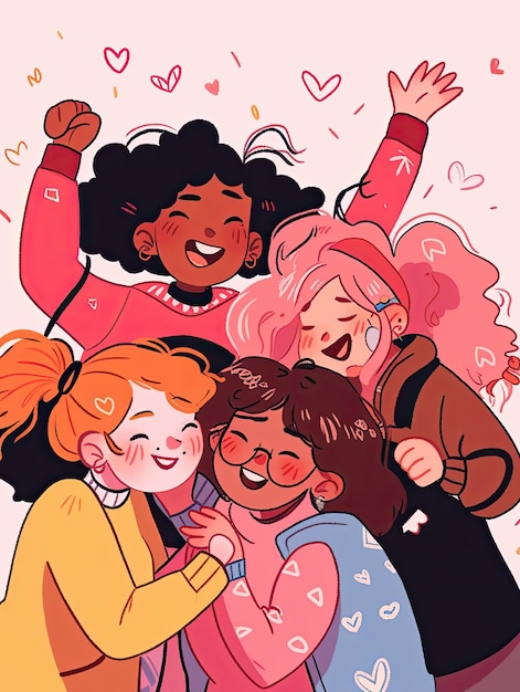 illustration cartoon friends in pink