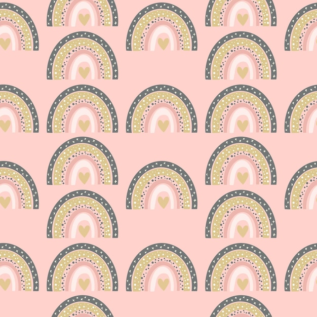 Illustration cartoon seamless pattern of rainbows in brownish pink color on a light pink background