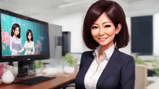 Illustration cartoon style asian confident middle aged short hair woman in suit in the office generative art by AI