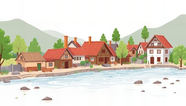 Photo illustration of a cartoon village with a river and houses