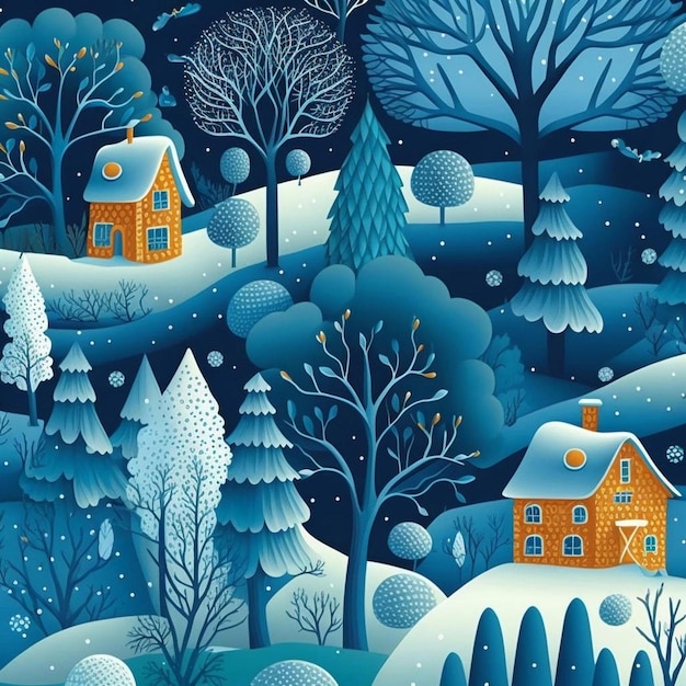 Illustration of cartoon winter landscape with snow trees and cute buildings