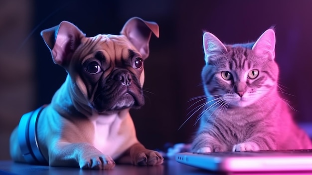 Illustration of a cat and a dog near laptop