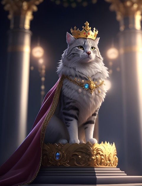 illustration of cat hero wears king luxury royal mantle and a crown