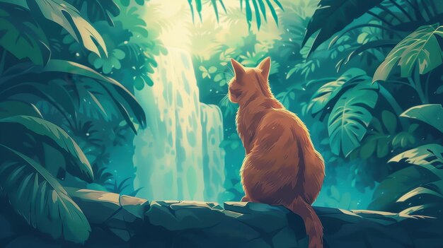 Photo an illustration of a cat sitting on a branch gazing at a serene waterfall in a lush green jungle setting