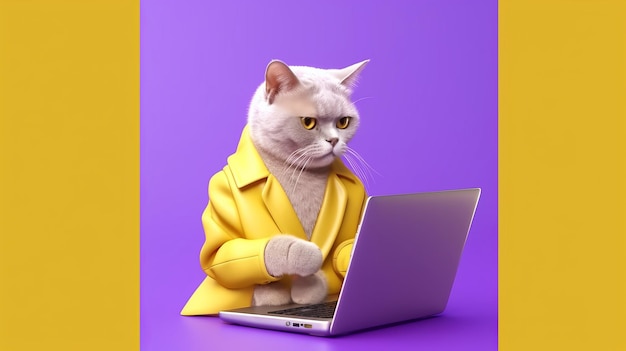 Illustration of a cat sitting at the laptop computer