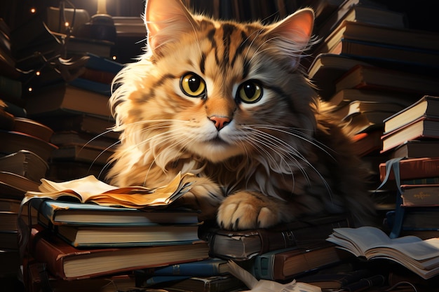 An illustration of a cat sitting on a pile of books