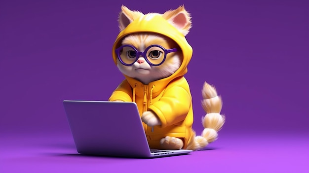 Illustration of a cat wearing glasses sitting at the laptop computer