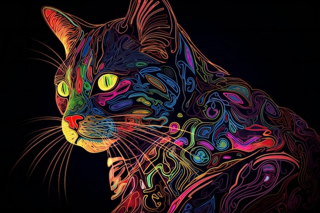 Illustration of a cat with abstract colorful pattern on a black background