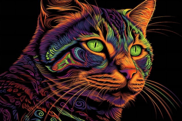 Illustration of a cat with colorful patterns on a black background