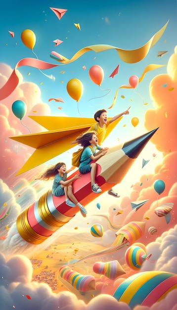 Illustration celebrating Childrens Day with kids riding a paper plane and a pencil rocket balloons