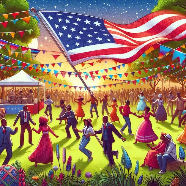 an illustration celebrating Juneteenth with vibrant colors and cultural symbols