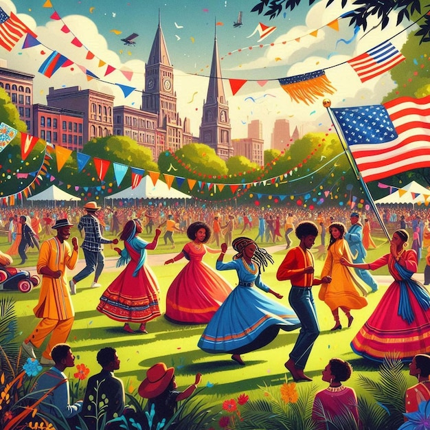 an illustration celebrating Juneteenth with vibrant colors and cultural symbols