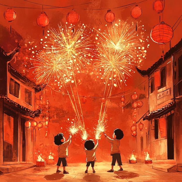 Illustration of Celebrations During the Chinese Spring Festival