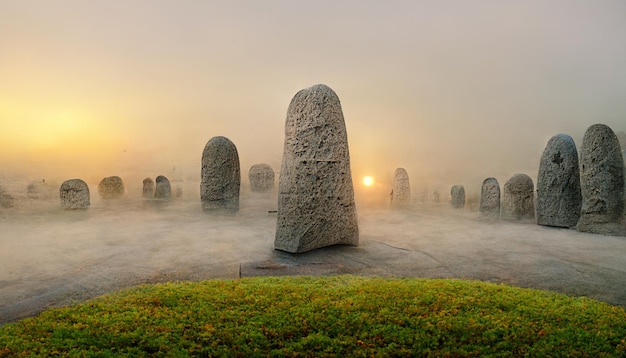 illustration of a cemetery at sunset.3D illustration.Use digital paint blurring techniques.