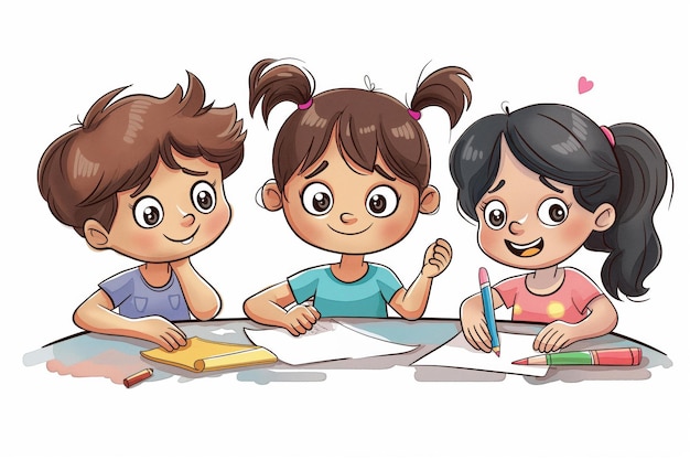 Illustration of cheerful children engaged in a creative drawing activity with colorful art supplies