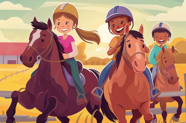 Illustration of cheerful children on horseback enjoying a peaceful ride in the countryside at dusk