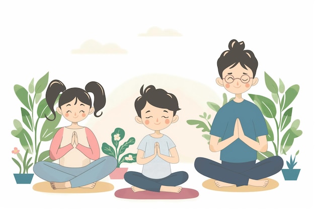 Illustration of a cheerful family doing pranayama during a peaceful morning yoga session