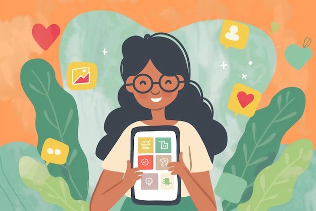 Illustration of a cheerful student with glasses using a tablet for education surrounded by colorful icons