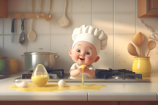 Illustration of a child cook in a chef's hat in the kitchen Generative AI