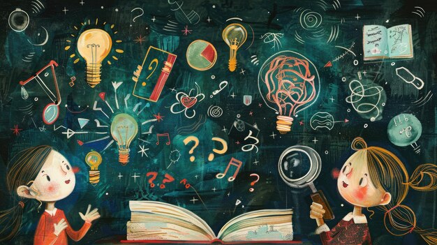 Photo illustration of children books fancy light bulbs question marks on a dark turquoise background the concept of creativity learning september 1 children studying at school