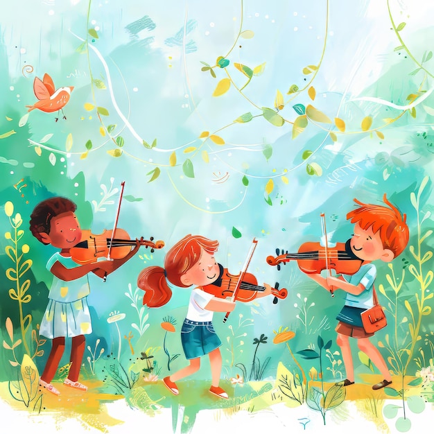 Illustration of children playing violin in the park on a sunny day