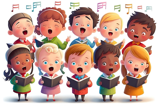 Illustration of children singing song together girls and boys group singers in choir chorus from music school generative ai