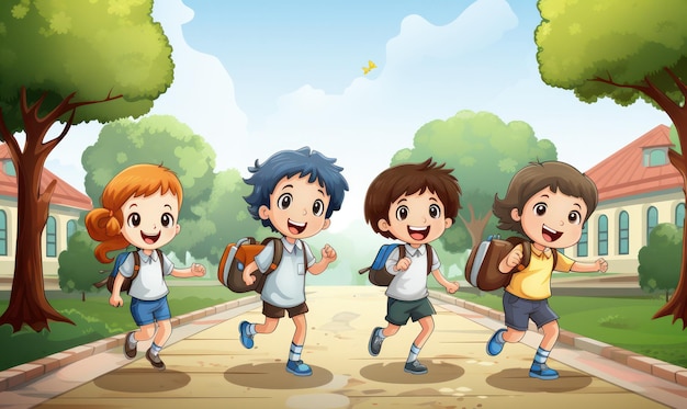 Illustration of Children with backpacks running excitedly towards school on a sunny day