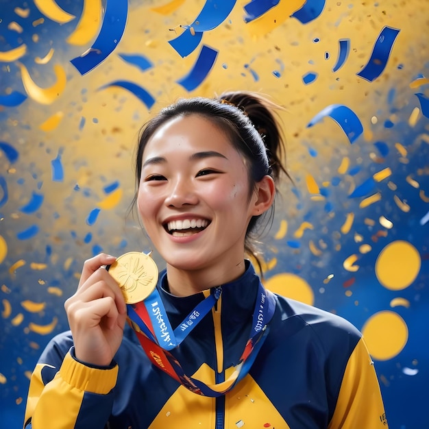 An illustration of a Chinese athlete celebrating the gold medal achievement in the Olympic Games