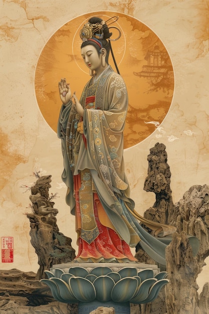 An illustration of a Chinese goddess with a peach in her hand