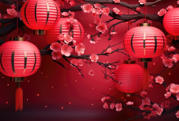 Illustration in the Chinese style of elegant Chinese lanterns with cherry blossoms on a red background Generative AI