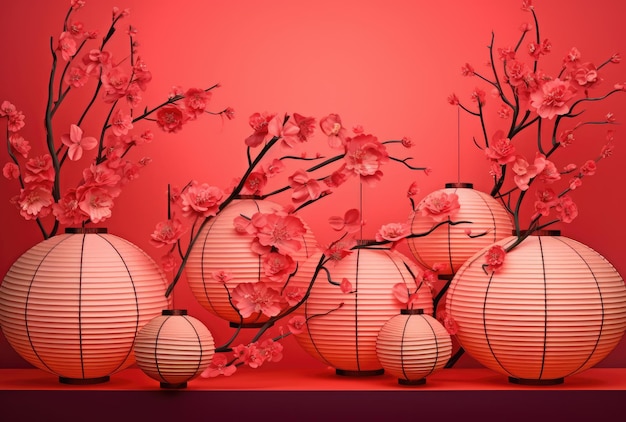 Illustration in the Chinese style of elegant Chinese lanterns with cherry blossoms on a red background Generative AI