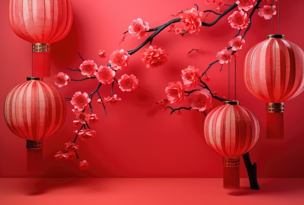 Illustration in the Chinese style of elegant Chinese lanterns with cherry blossoms on a red background Generative AI