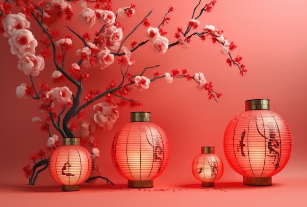 Illustration in the Chinese style of elegant Chinese lanterns with cherry blossoms on a red background Generative AI