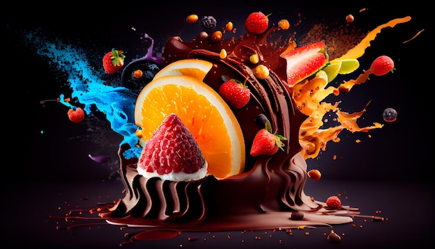 Illustration of a chocolate dessert combined with fruit An explosion of flavor Food photography style on dark background Studio light Dessert poster idea Generative AI