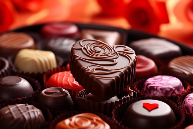 Illustration of chocolate flavored candies in colorful wrappers with Happy Chocolate Day message