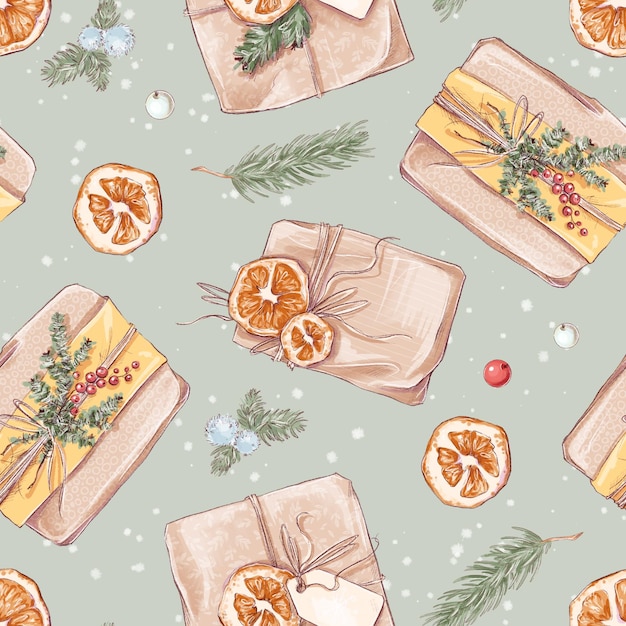 Illustration Christmas seamless pattern with candied oranges and gifts