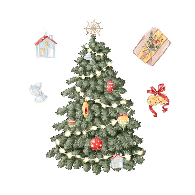 Illustration Christmas set of fir tree and decorations