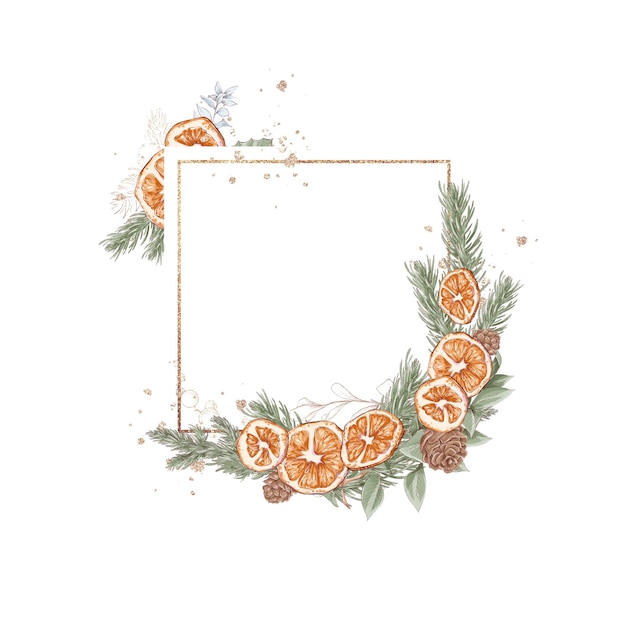 Illustration Christmas set golden frame of winter flowers poinsettia cotton and orange