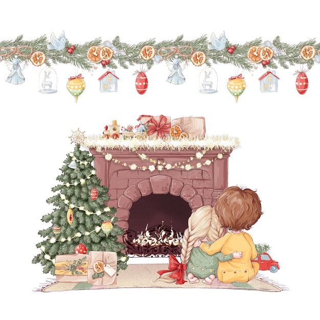 Illustration Christmas set of kids and gifts