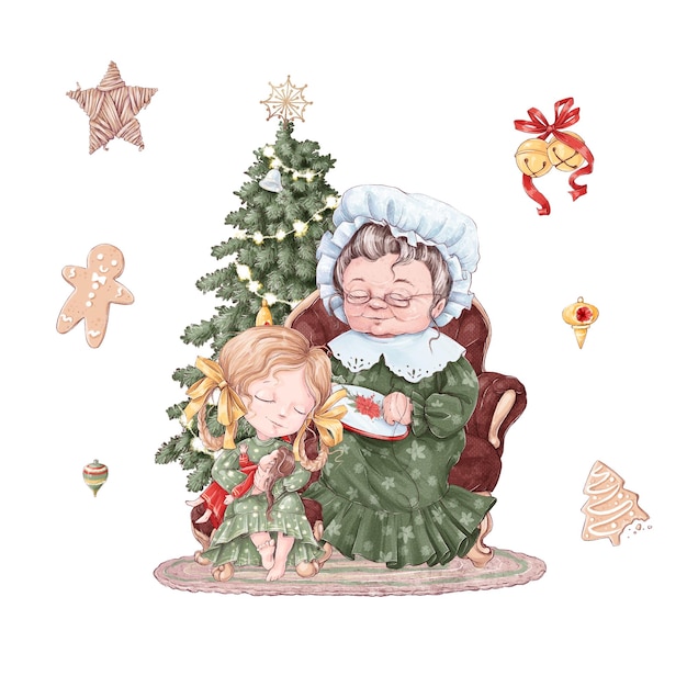 Illustration Christmas set of kids Grandmother and gifts